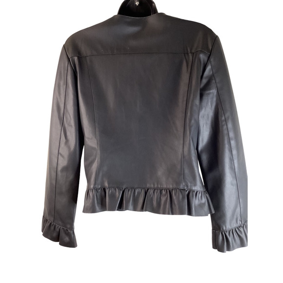 Ann Taylor Womens Faux Leather Jacket Solid Black Full Zip Mock Neck Ruffled 4 - Picture 3 of 12